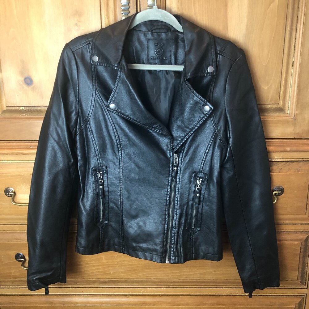 Max Studio Black Leather Moto Jacket Women’s Size Medium. Excellent condition.